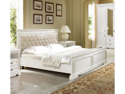 Кровать Афина с декором с мягким изголовьем белая эмаль с патиной серебро